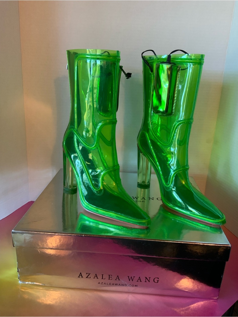 Azalea Wang Neon Green Patent Ankle Boots with Clear Heel